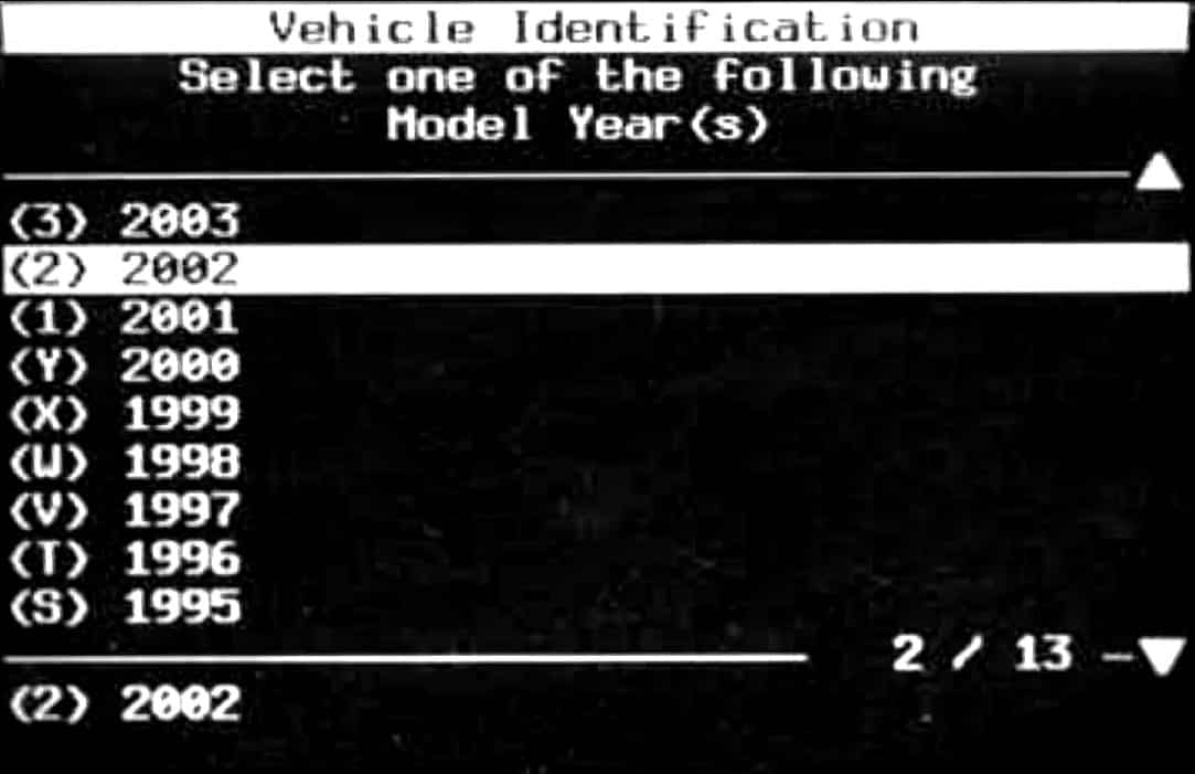 GM Tech II Vehicle Identification Menu - Year Selection