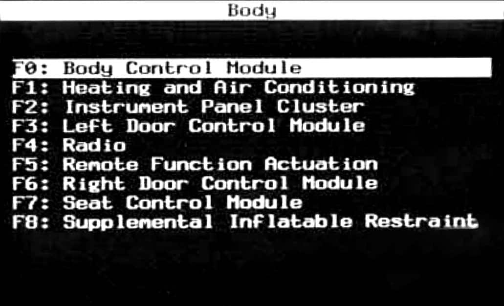 GM Tech II Body Selection Menu
