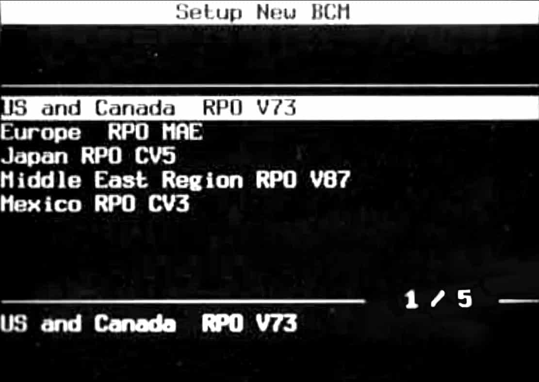 GM Tech II Setup New BCM Selection Menu