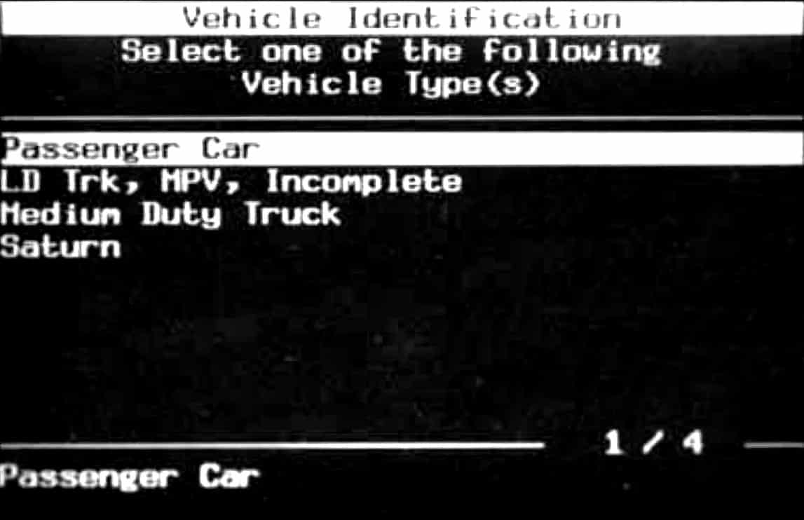 GM Tech II Vehicle Identification Menu - Vehicle Type Selection