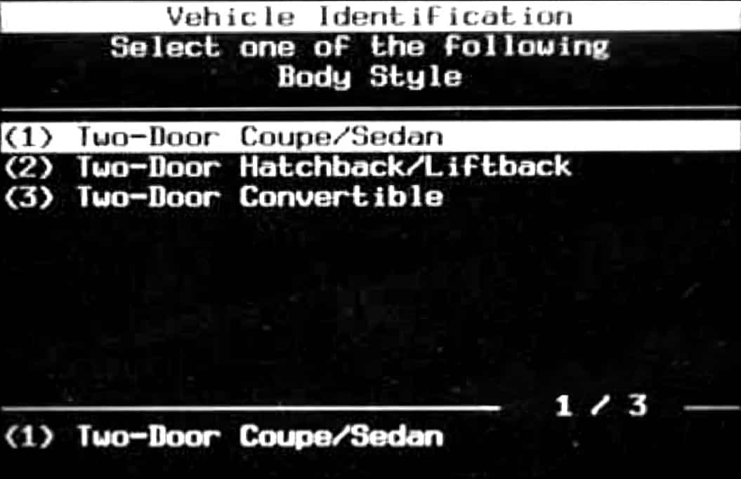 GM Tech II Vehicle Identification - Body Style Selection Menu