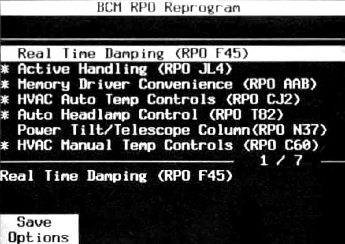 GM Tech II BCM RPO Reprogram Selection Menu